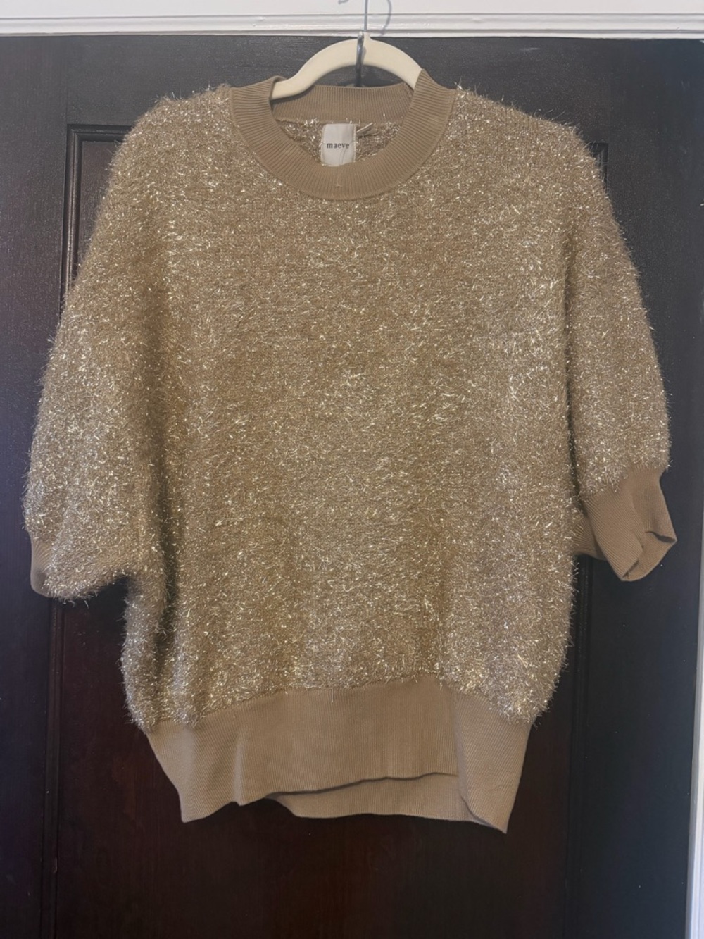 Maeve Gold Metallic Short-Sleeve Crewneck Sweater